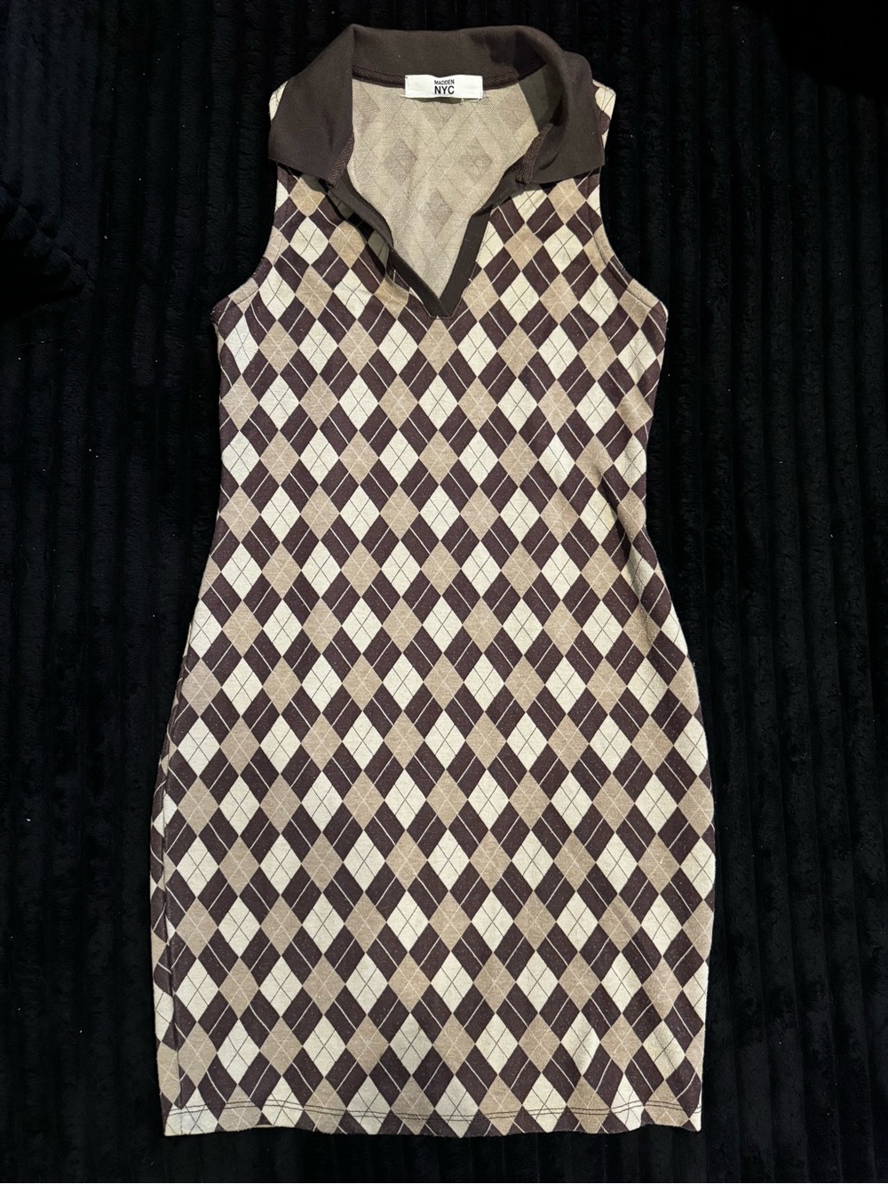 Madden NYC Sleeveless Argyle Polo Dress in Brown and Cream